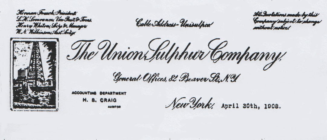 Click image for larger version
Name: The Union Sulphur Company letterhead.jpg
Views: 1
Size: 122.8 KB
ID: 457878