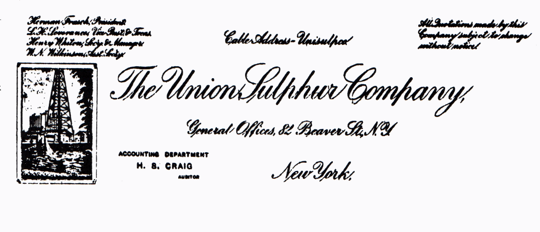 Click image for larger version
Name: The Union Sulphur Company letterhead.png
Views: 1
Size: 265.8 KB
ID: 457879