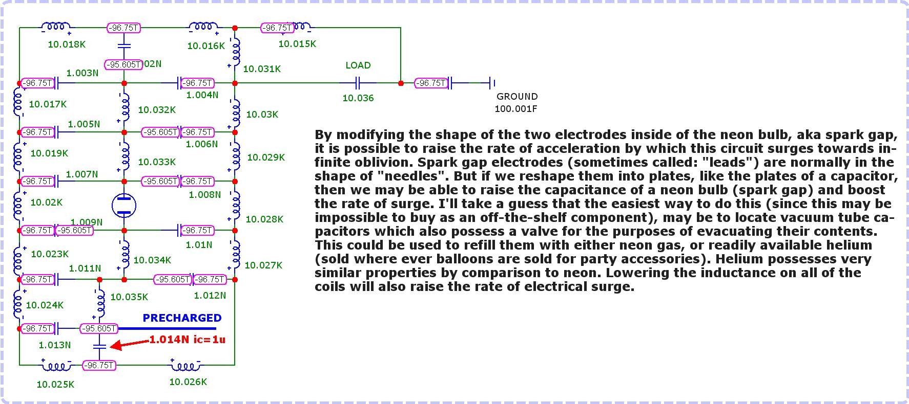 This is an electrical analog to a single hollow sphere tied to ground through two parallel pathways: one path accentuates the magnetic properties of a coil while the second path accentuates the benefits of a capacitor. The center of this "electronic sphere" contains a spark gap (in the form of a neon bulb) to accelerate the surge resulting from this simulation.