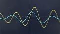 Oscillogram showing overall lead of audio waveform from the Tesla receiver (blue), compared to the lag of the overground receiver (yellow).
